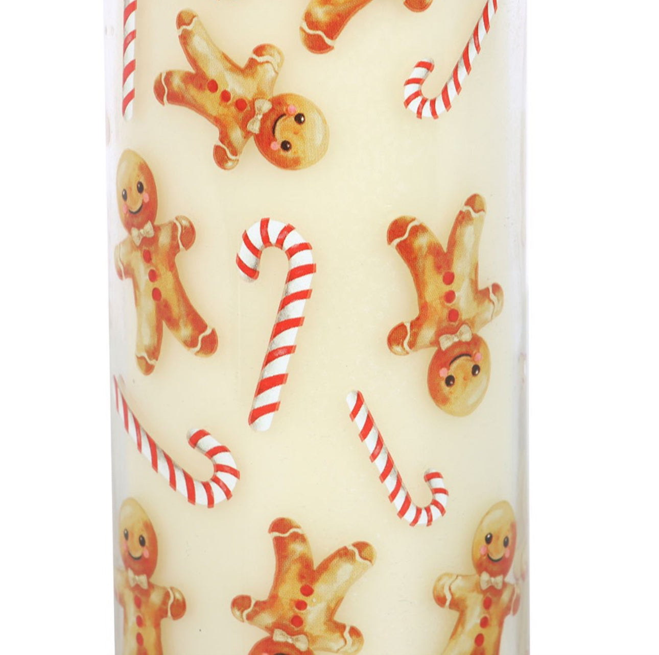 Candle with gingerbread men and candy canes pattern on a white background