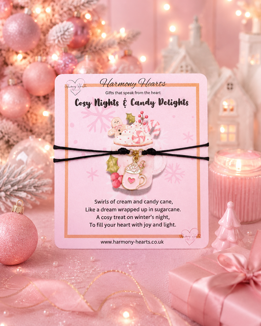 A pink carded gift set from Harmony Hearts featuring a 'Cosy Nights & Candy Delights' charm bracelet. The card showcases a cute illustration of a mug and candy cane, with the actual charms hanging below: a pink mug with a heart, a pink peppermint candy cane, and a small pink heart charm.