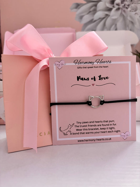 Harmony Hearts bracelet packaging with pink ribbon and card
