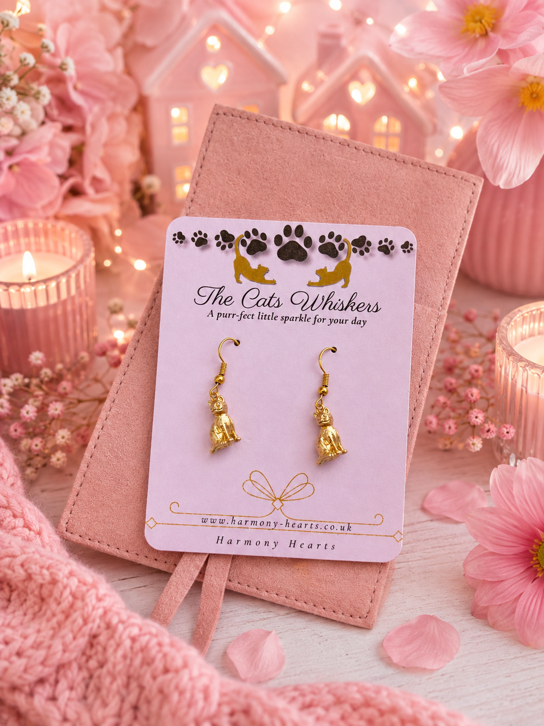 A pair of gold cat-shaped dangling earrings displayed on a pink card labeled 'The Cats Whiskers' by Harmony Hearts, set against a soft pink floral and candlelit background.