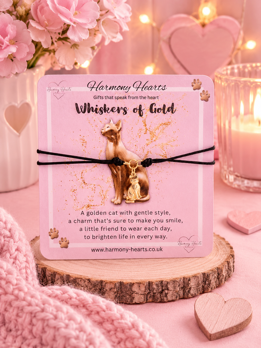 A pink gift card featuring a small cat-shaped charm bracelet with a gold cat and gold glitter design, tied with a black string. The card reads 'Harmony Hearts Whiskers of Gold' and is displayed on a wood slice with pink flowers, a candle, and heart decorations in the background.