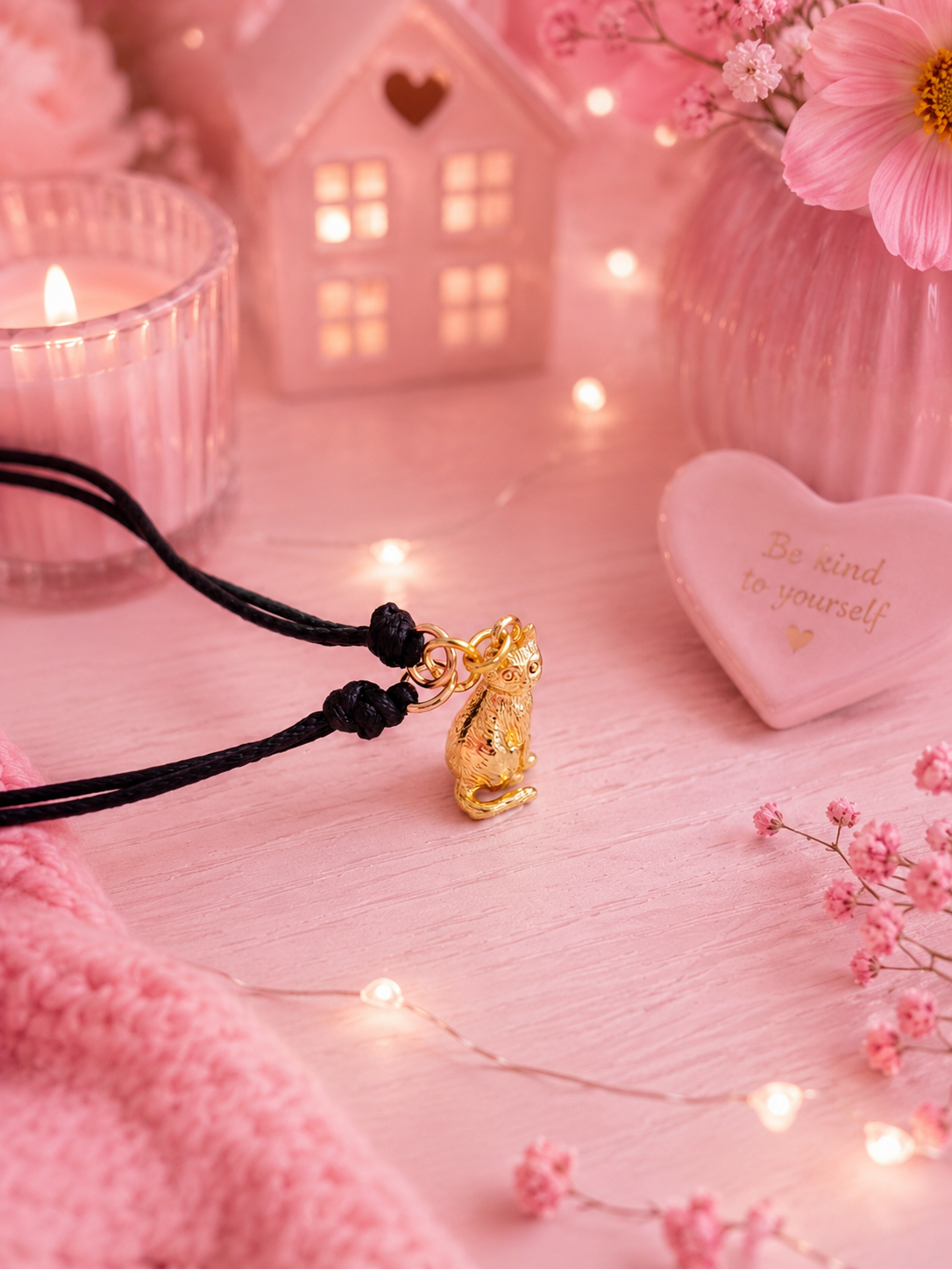 A gold cat charm on a black cord bracelet, styled in a soft pink flat-lay setting with a pink candle, heart-shaped decor, and fairy lights.