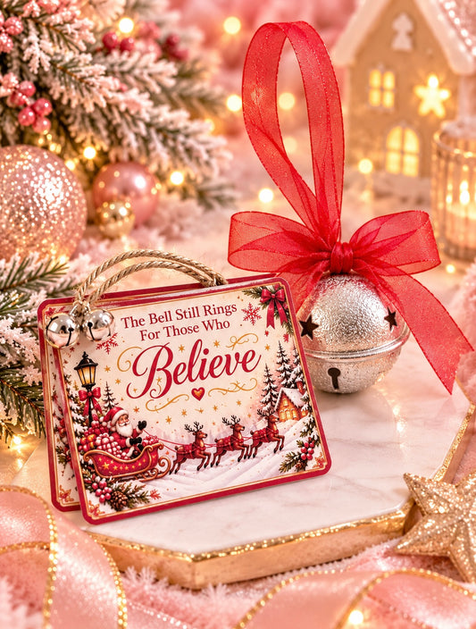 A festive Christmas ornament with a red border and a printed holiday scene reading 'The Bell Still Rings For Those Who Believe,' styled with a red ribbon, silver bell, warm lights, and holiday decorations.