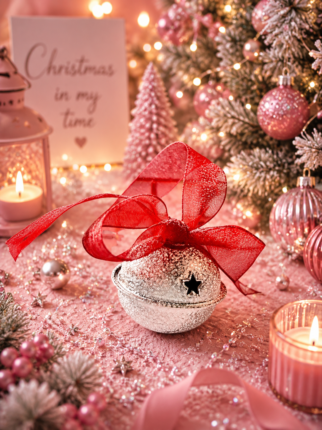 A festive Christmas scene with a silver bell-shaped ornament tied with a red ribbon and bow, set on a pink glittery surface with candles, ornaments, a small tree, and a sign reading 'Christmas in my time'.