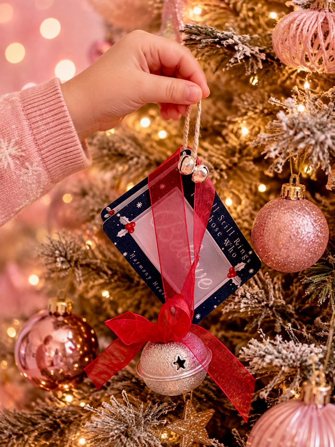 A hand wearing a pink knit sleeve hangs a decorative Christmas ornament from a lit tree. The ornament includes a blue card, red ribbon, silver and pink bells, and small jingle bells, with a blurred festive tree background.