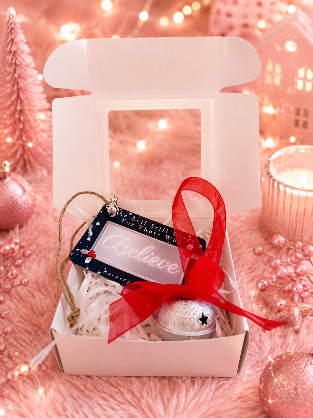 A white gift box with an open lid, filled with white shredded paper and a silver jingle bell tied with a red ribbon. A navy blue ornament tag with the word 'Believe' hangs from the box.