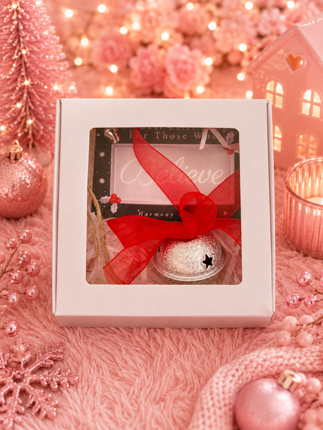 A white gift box with a clear window displaying a silver jingle bell tied with a red ribbon, set on a pink textured surface with festive pink decorations and warm string lights in the background.