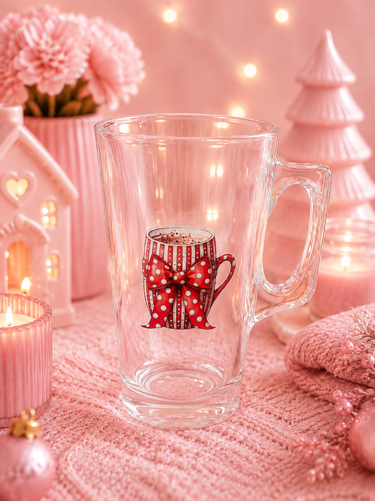 A clear glass mug with a handle, featuring a printed design of a striped mug with a red polka-dot bow, set on a pink knitted blanket with warm holiday decorations in the background.