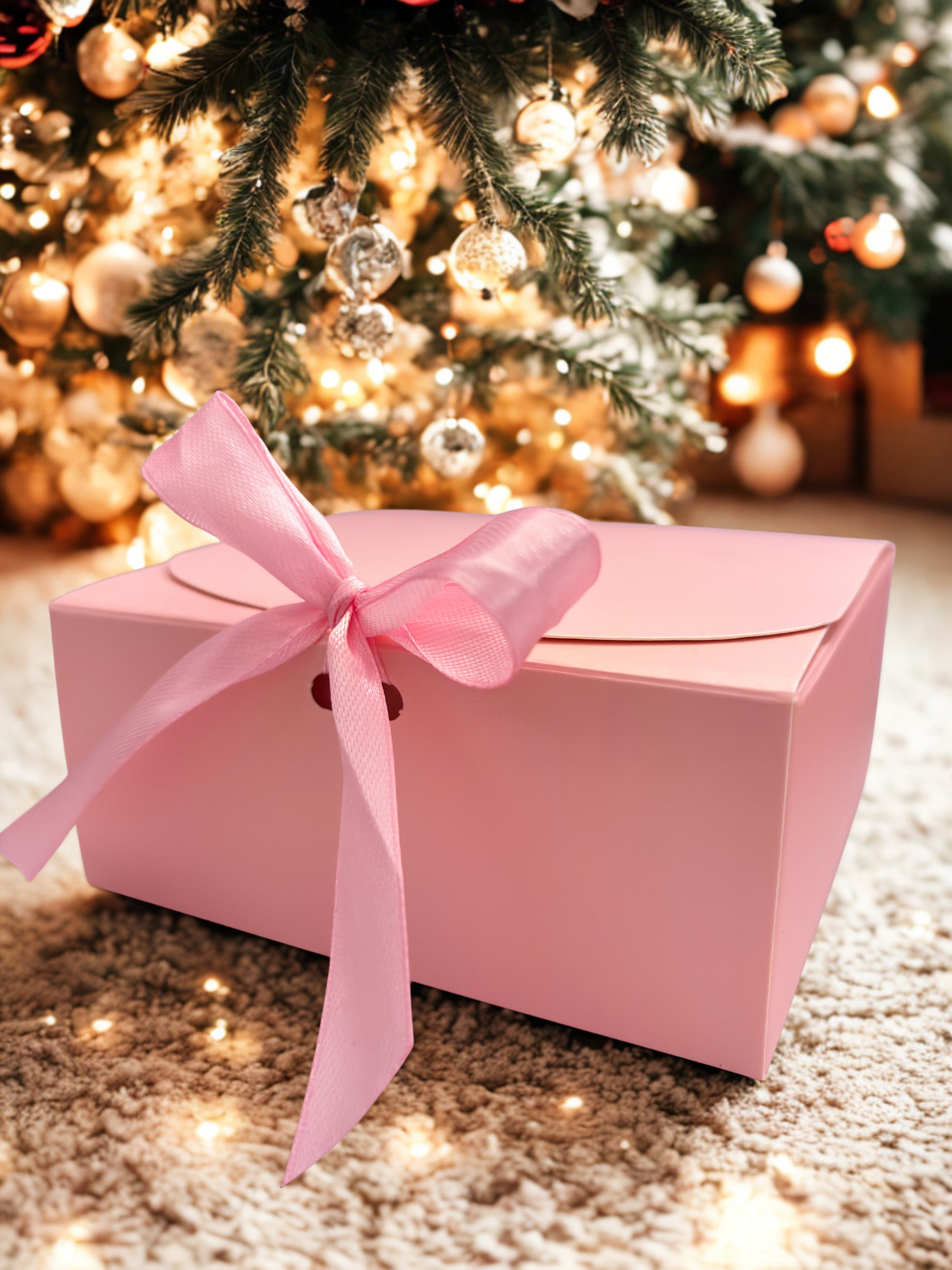 Pink gift box with a bow in front of a decorated Christmas tree.