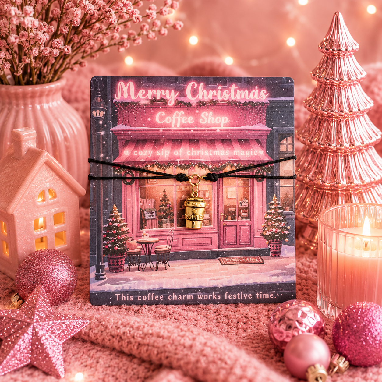 A square printed card with a coffee charm bracelet featuring a festive Christmas coffee shop illustration, styled on pink fabric with holiday ornaments, a candle, a miniature house, and a pink tree in a cozy holiday setting.