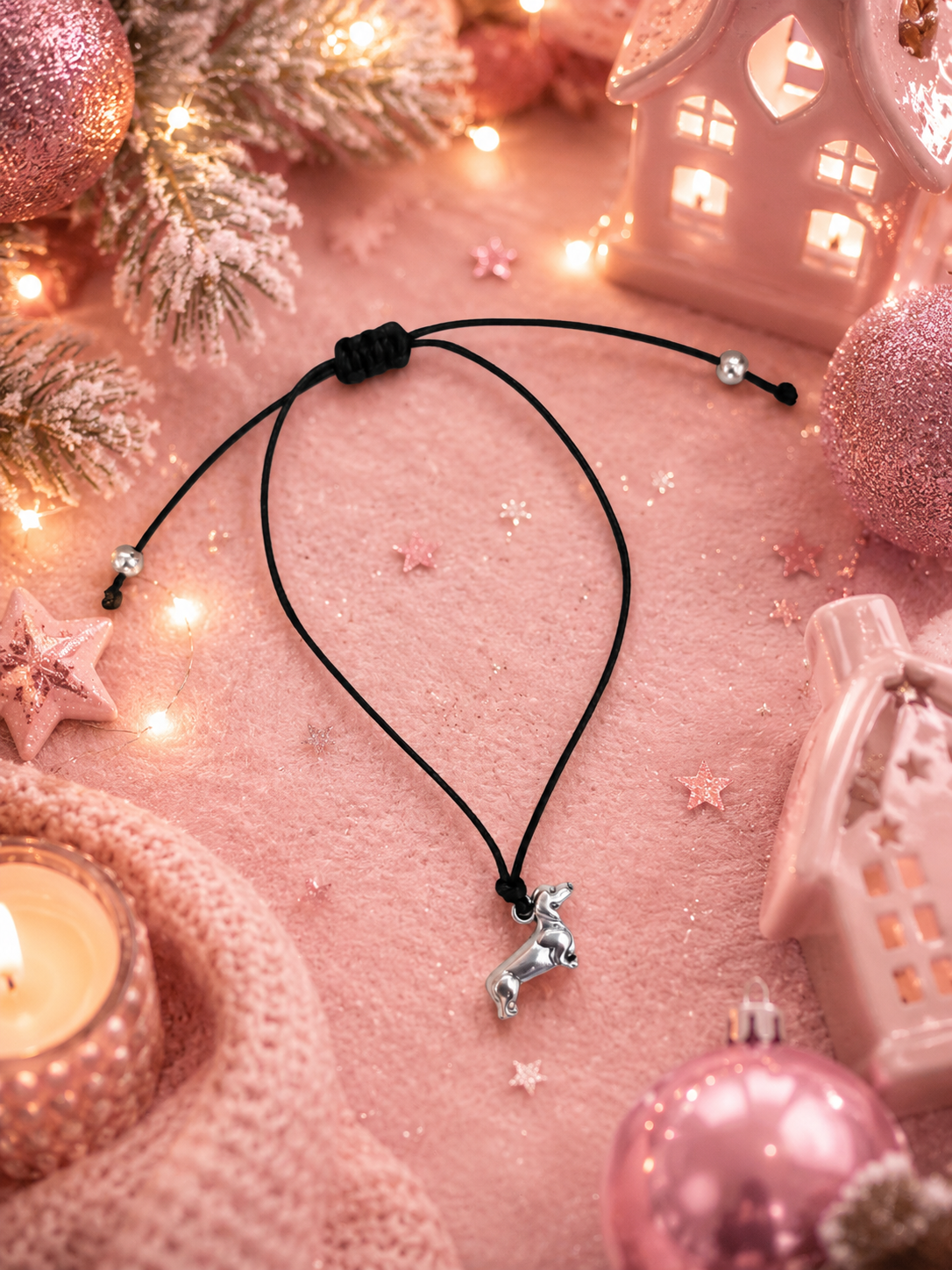 A black cord bracelet with a small silver dachshund charm, styled on a pink textured surface with Christmas lights, ornaments, and a pink house lantern.