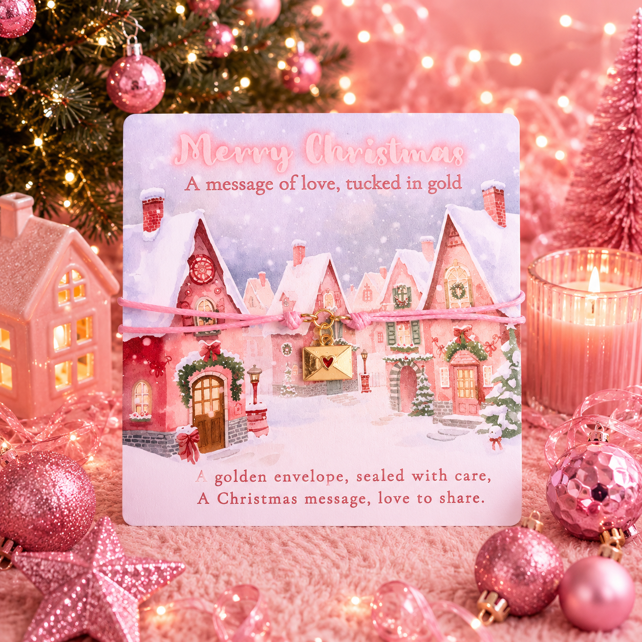 A square Christmas card with an envelope charm bracelet and a winter village illustration and the text 'Merry Christmas' and 'A message of love, tucked in gold', styled on a pink holiday surface with ornaments, a candle, and a tree in the background.