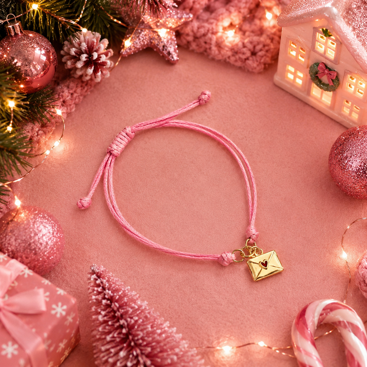 A pink cord bracelet with a small gold envelope charm and a heart cutout, styled in a cozy Christmas flat-lay with pink ornaments, pine branches, candy canes, and a miniature house.