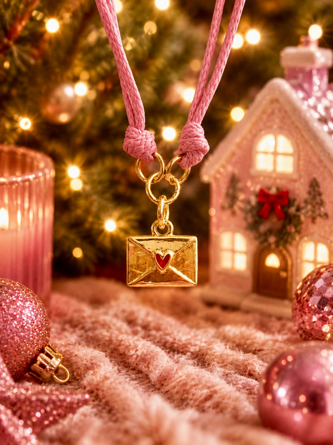 A pink knotted cord bracelet with a gold-toned envelope pendant featuring a small red heart, styled on a textured pink blanket with Christmas ornaments, a lit candle, and a miniature gingerbread house in the background.
