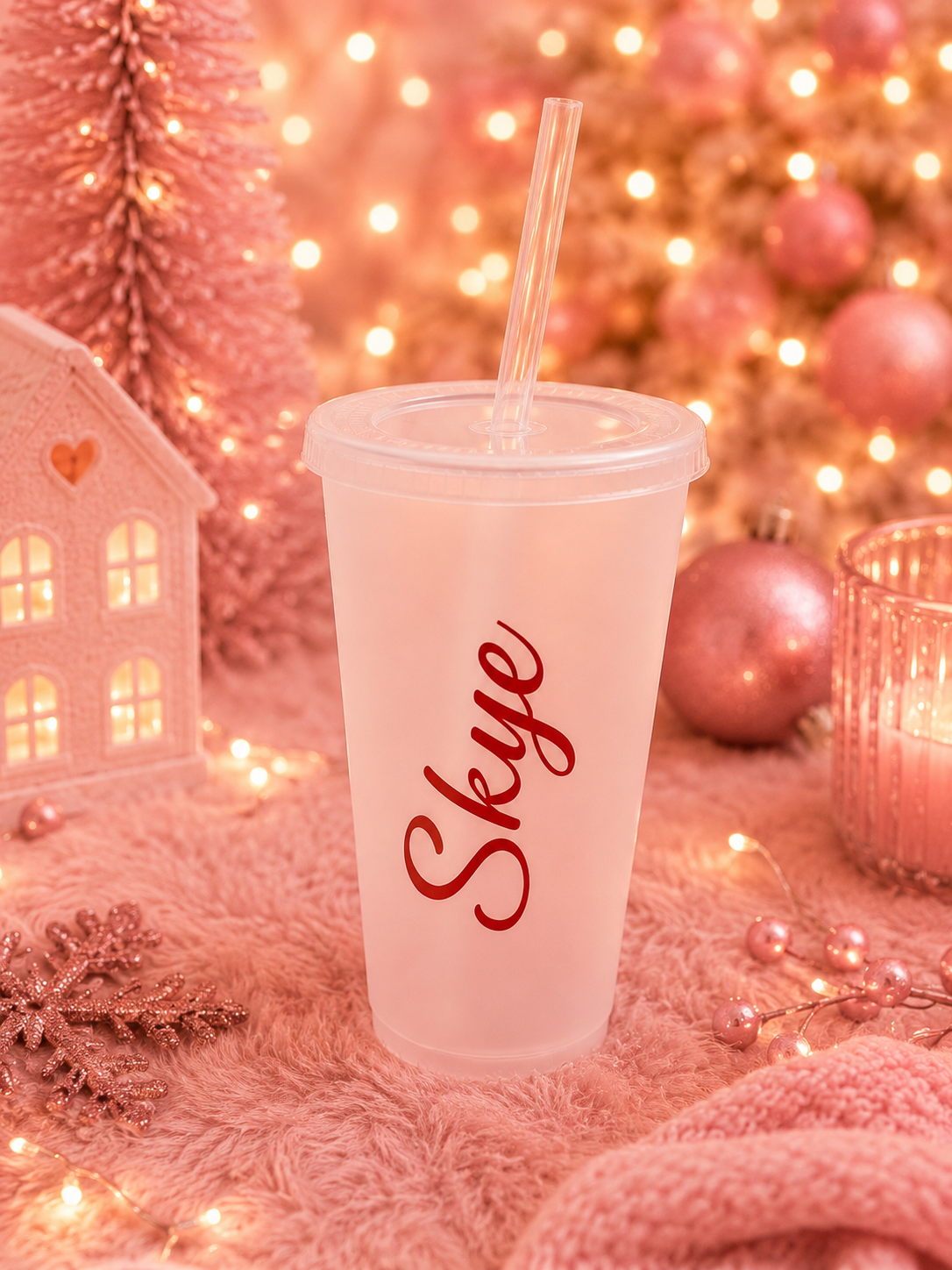 A frosted clear plastic tumbler cup with a clear straw, printed with the word 'Skye' in red script, set against a cozy pink holiday background with string lights, ornaments, and a miniature house decoration.