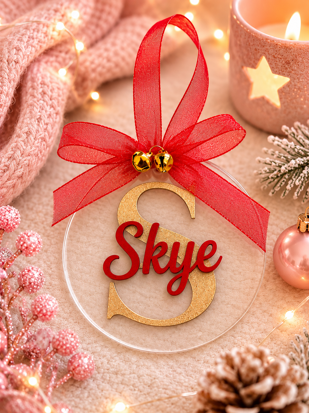 A clear round Christmas ornament with a gold monogram letter 'S' and the name 'Skye' in red script, tied with a red ribbon and small gold bells, styled on a cozy holiday surface with lights, a candle, and pink decorations.