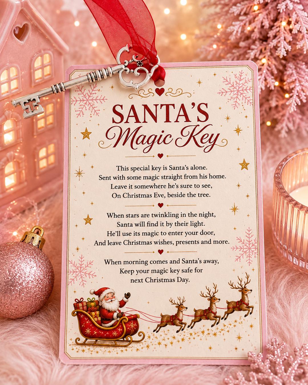 Santas magic key with festive tag styled on a pink themed Christmas setting