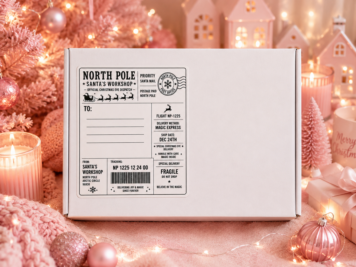 A white cardboard shipping box labeled 'North Pole - Santa's Workshop' sits centered on a pink holiday-themed surface surrounded by warm fairy lights, pink ornaments, candles, and miniature house decorations.