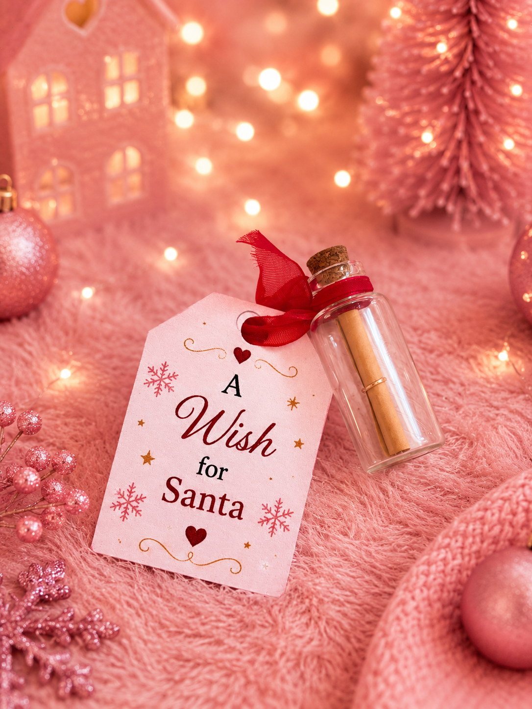 A festive holiday gift set featuring a small glass bottle with a gold letter scroll tied with a red ribbon, next to a pink gift tag that reads 'A Wish for Santa' with red and gold details. The items are styled on a pink faux fur surface with warm bokeh lights, pink ornaments, and a miniature house in the background.