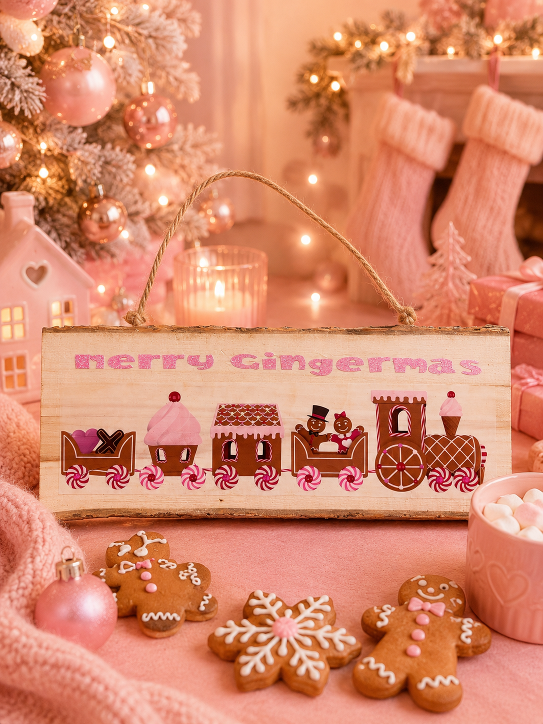 A festive wooden hanging sign with a rope handle, decorated with pink and brown gingerbread-themed illustrations and the words 'Merry Gingermas.' The sign is displayed in a cozy holiday setting with gingerbread cookies, pink ornaments, stockings, and warm lights in the background.