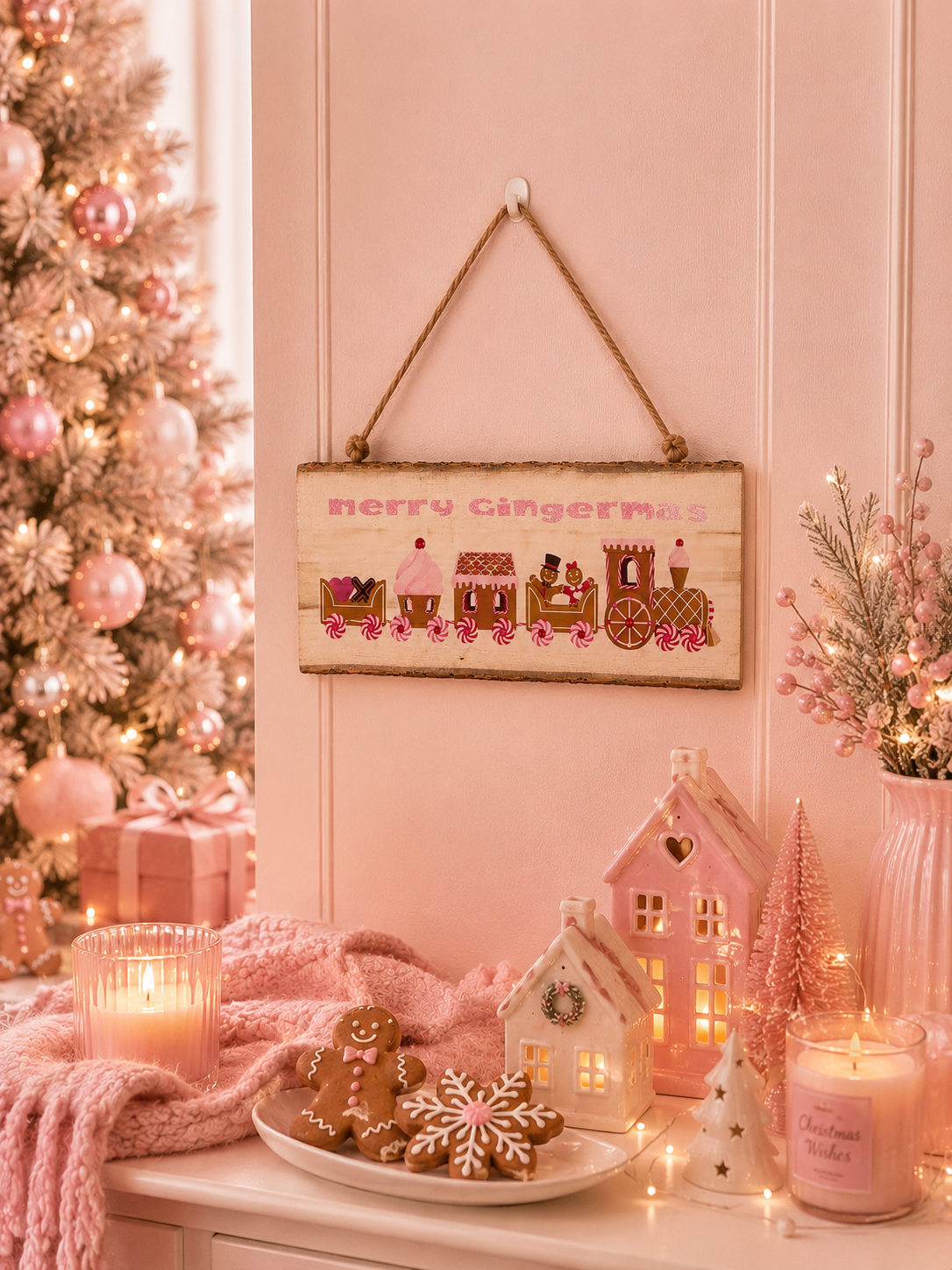 A festive Christmas-themed wooden hanging sign with 'Merry Gingermas' and a gingerbread train design, displayed on a pink wall above a decorated holiday table with candles, cookies, and small house ornaments.