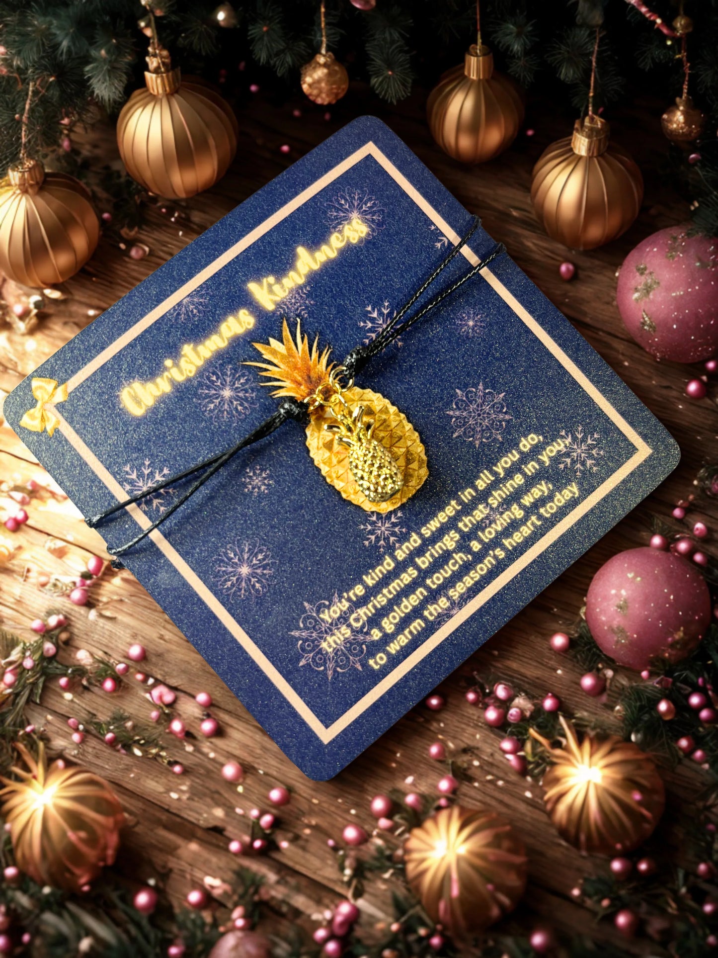 Blue card with gold text and pineapple charm on a festive background with Christmas decorations.