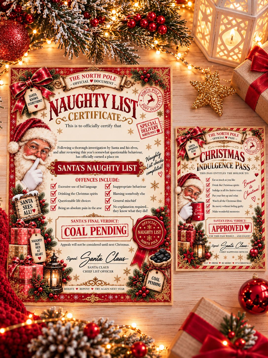 Christmas Naughty List Certificate and Indulgence Pass Set on a Christmas scene with lights and decorations 