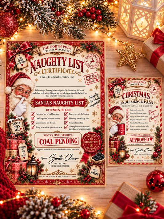 Christmas Naughty List Certificate and Indulgence Pass Set on a Christmas scene with lights and decorations 
