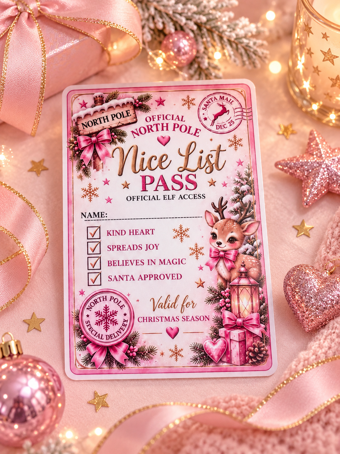 A festive Christmas-themed 'Nice List Pass' card styled in a holiday flat-lay with pink ribbons, ornaments, glittery stars, and warm bokeh lights.