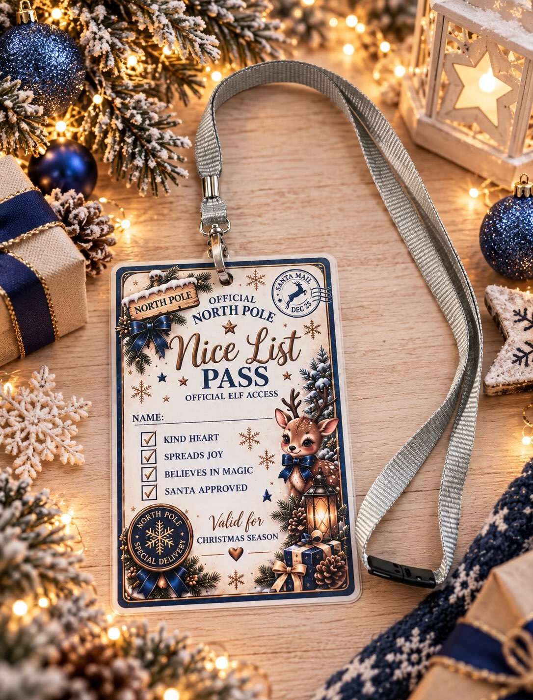 A festive Christmas-themed 'Nice List Pass' with a gray woven strap, styled on a wooden tabletop with holiday decorations including pine branches, ornaments, and a star lantern.