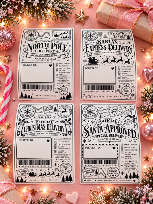 Four Christmas-themed shipping label templates arranged in a flat lay on a pink background with holiday decorations, including pine branches, candy canes, stars, and wrapped gifts.