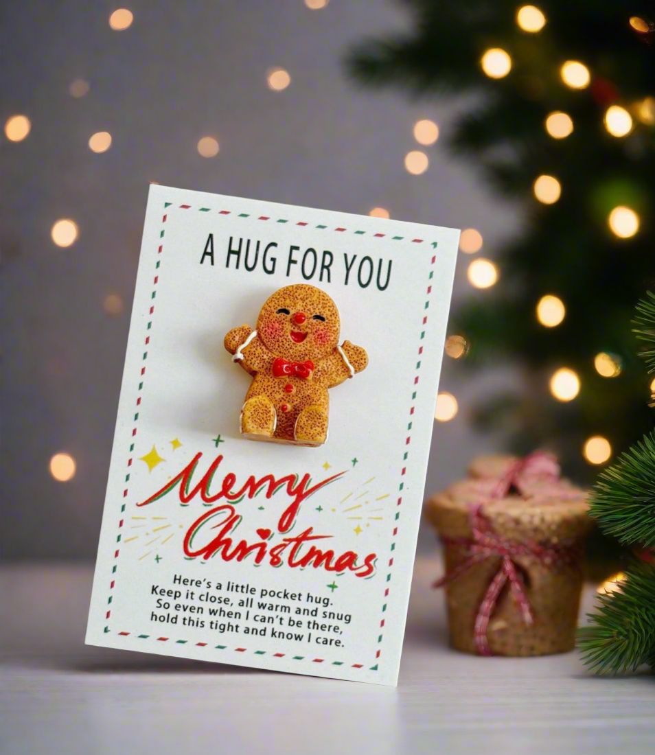 Gingerbread man plush toy on a Christmas card with festive background