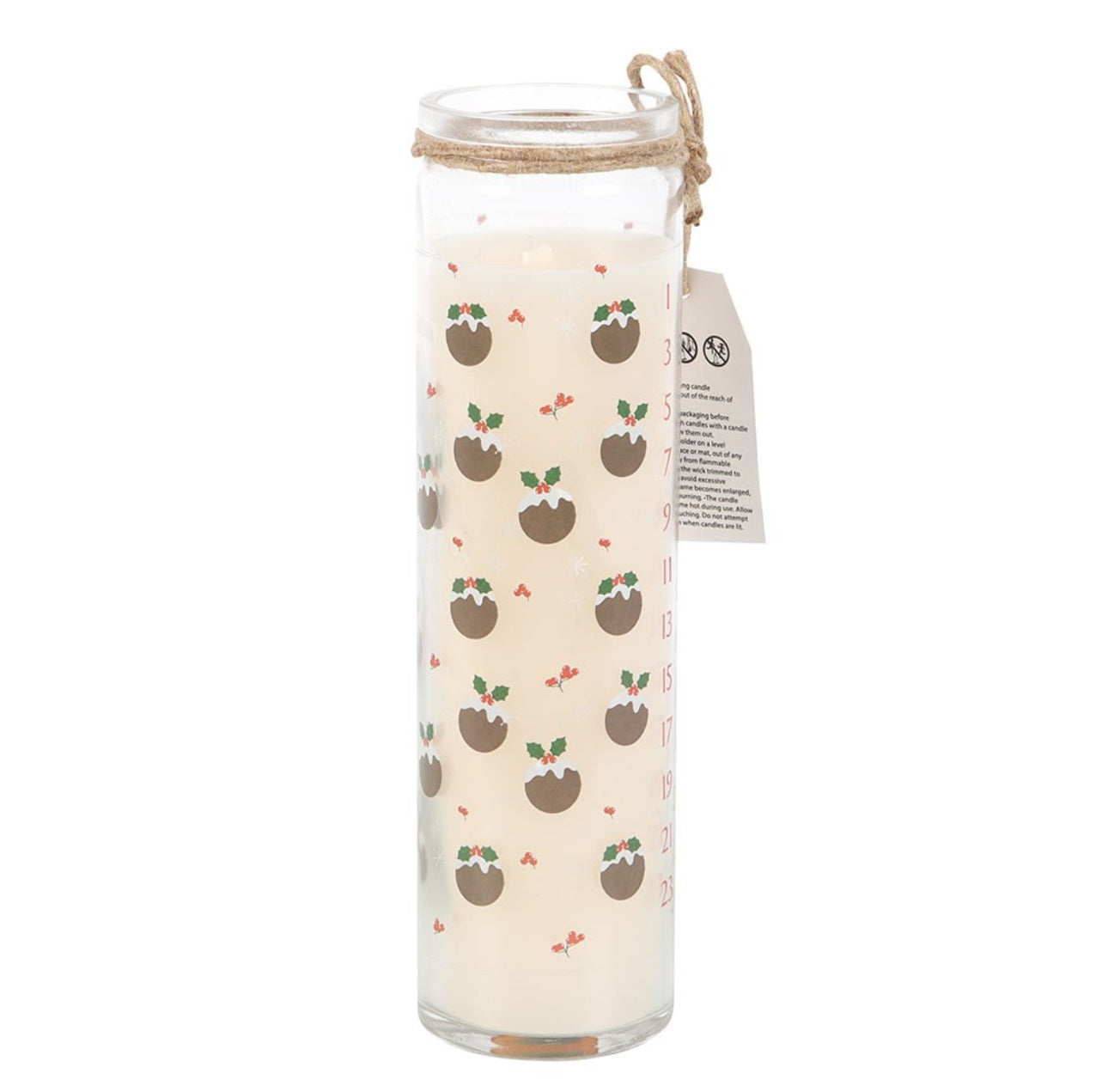 Glass candle with pudding pattern on a white background