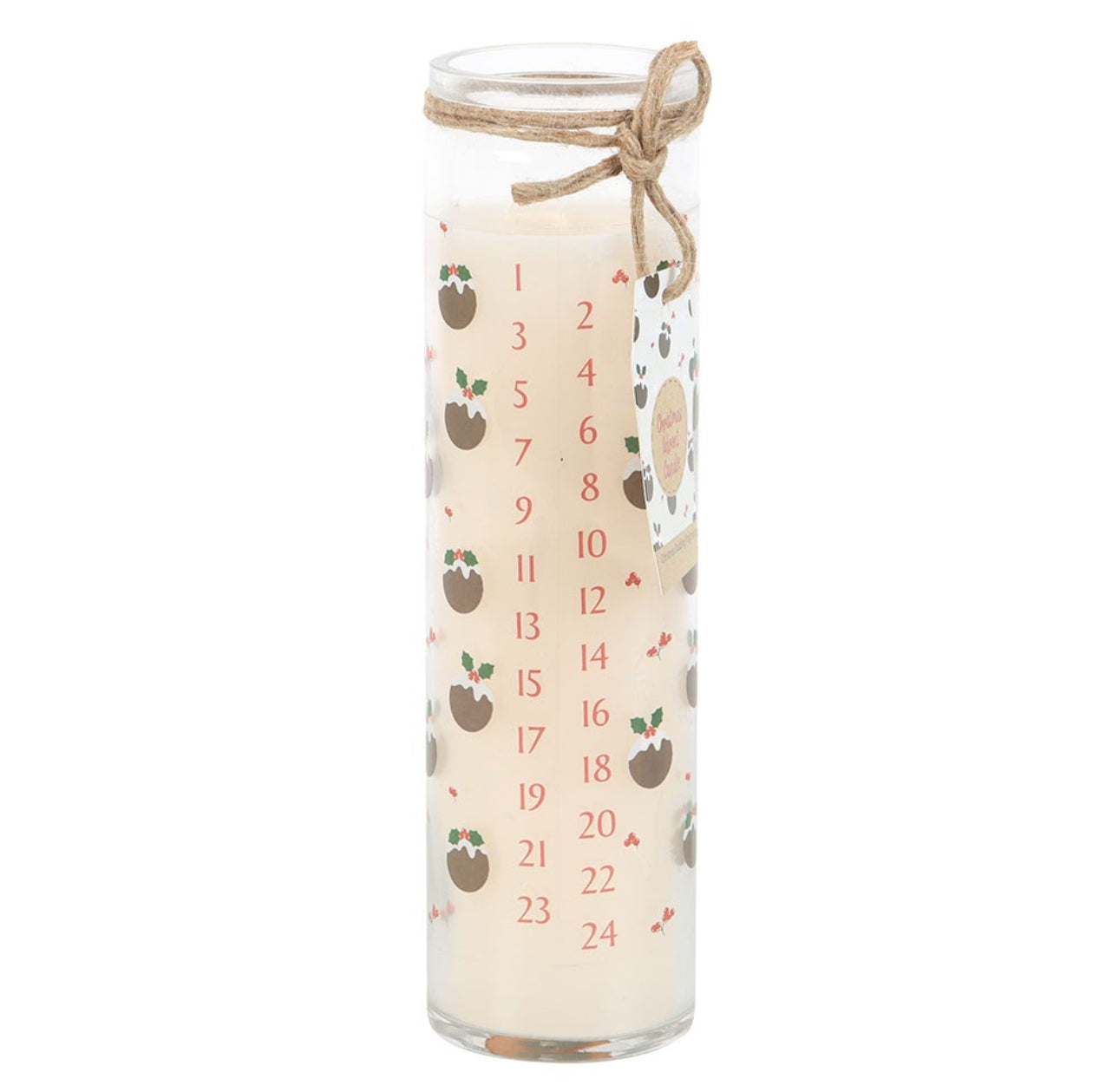 Glass candle with number markings and apple illustrations on a white background