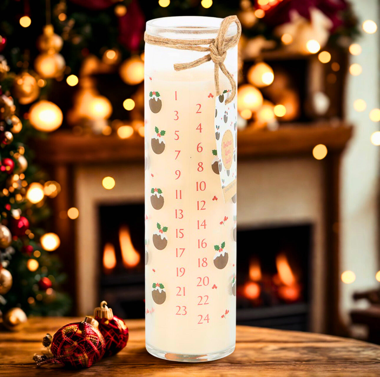 Decorative candle with a countdown pattern in a festive setting with Christmas tree and fireplace.