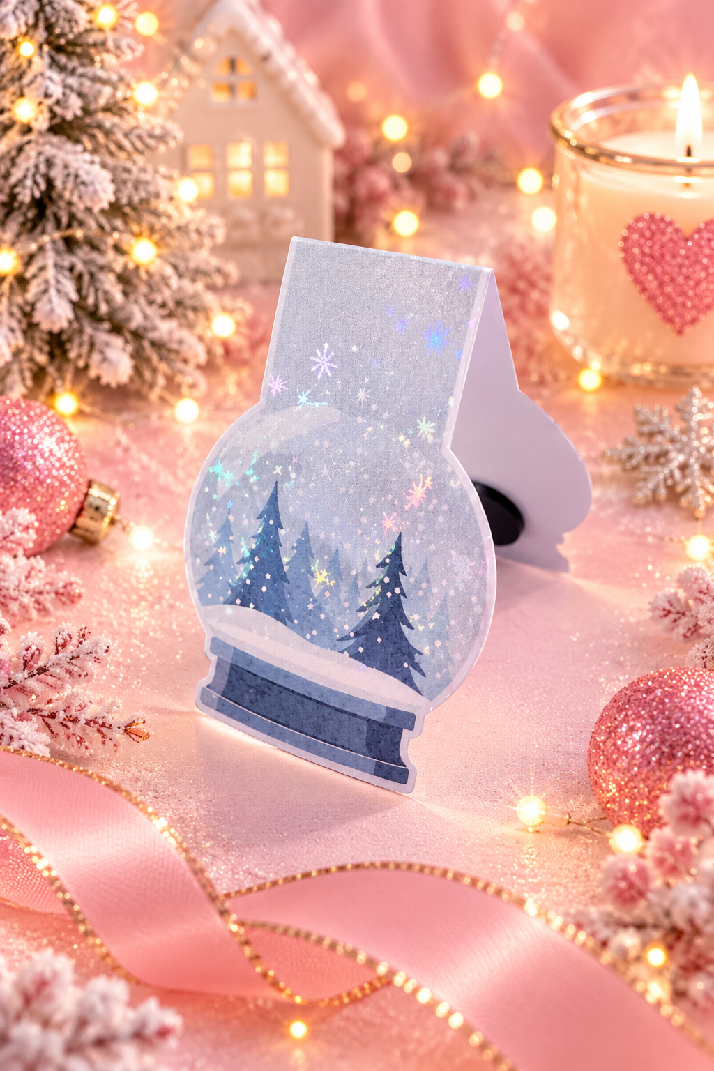 A magnetic bookmark shaped like a snow globe with a winter forest scene inside, styled on a pink holiday surface with fairy lights, ornaments, ribbon, and a candle.
