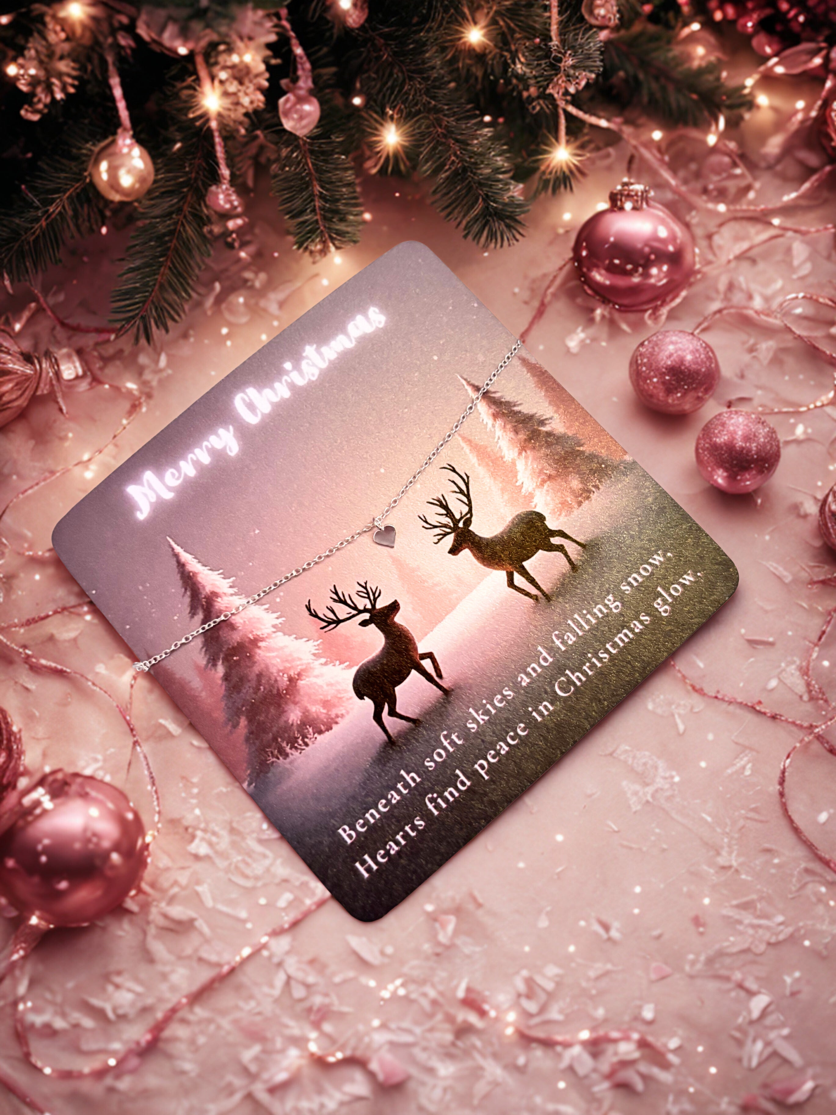 Silver heart bracelet on a Christmas card with reindeer design surrounded by festive decorations