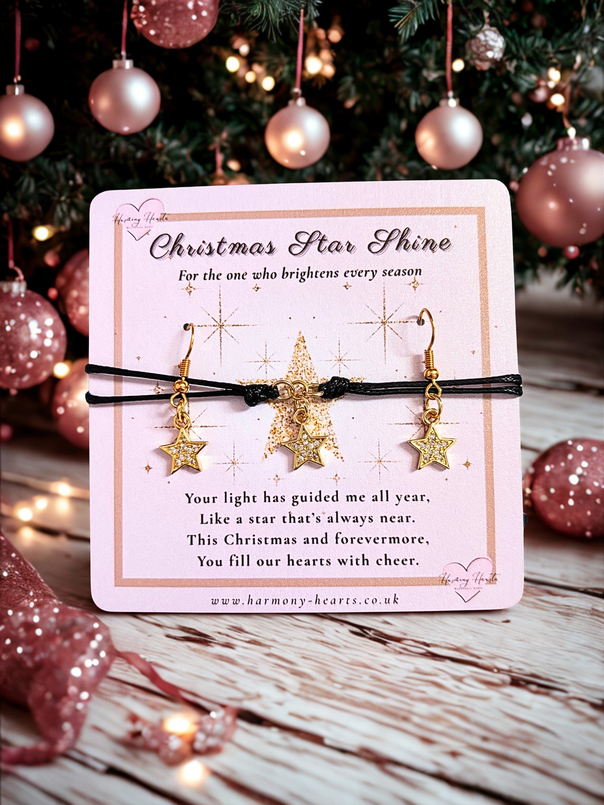 Golden sparkle star bracelet and earrings on a CHristmas Star Shine card