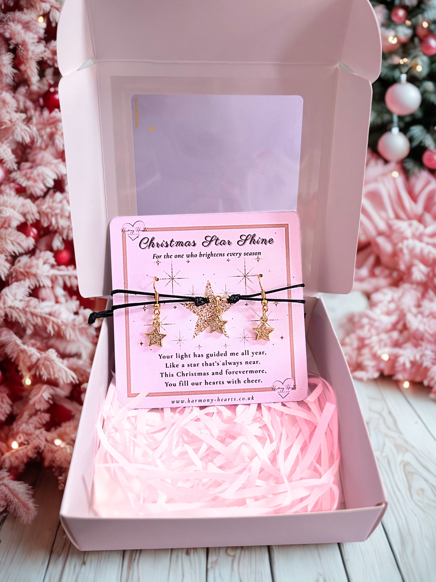 Gold star earrings and bracelet set in a gift box