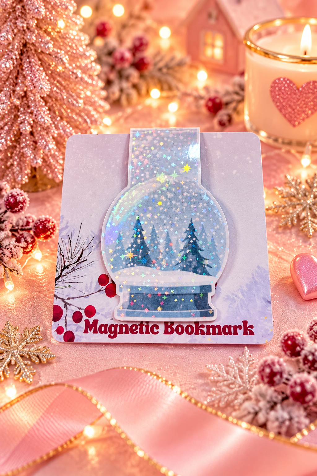 A festive Christmas-themed magnetic bookmark displayed on its backing card. The bookmark features a snow globe design with blue evergreen trees and gold stars inside a glittery silver frame.