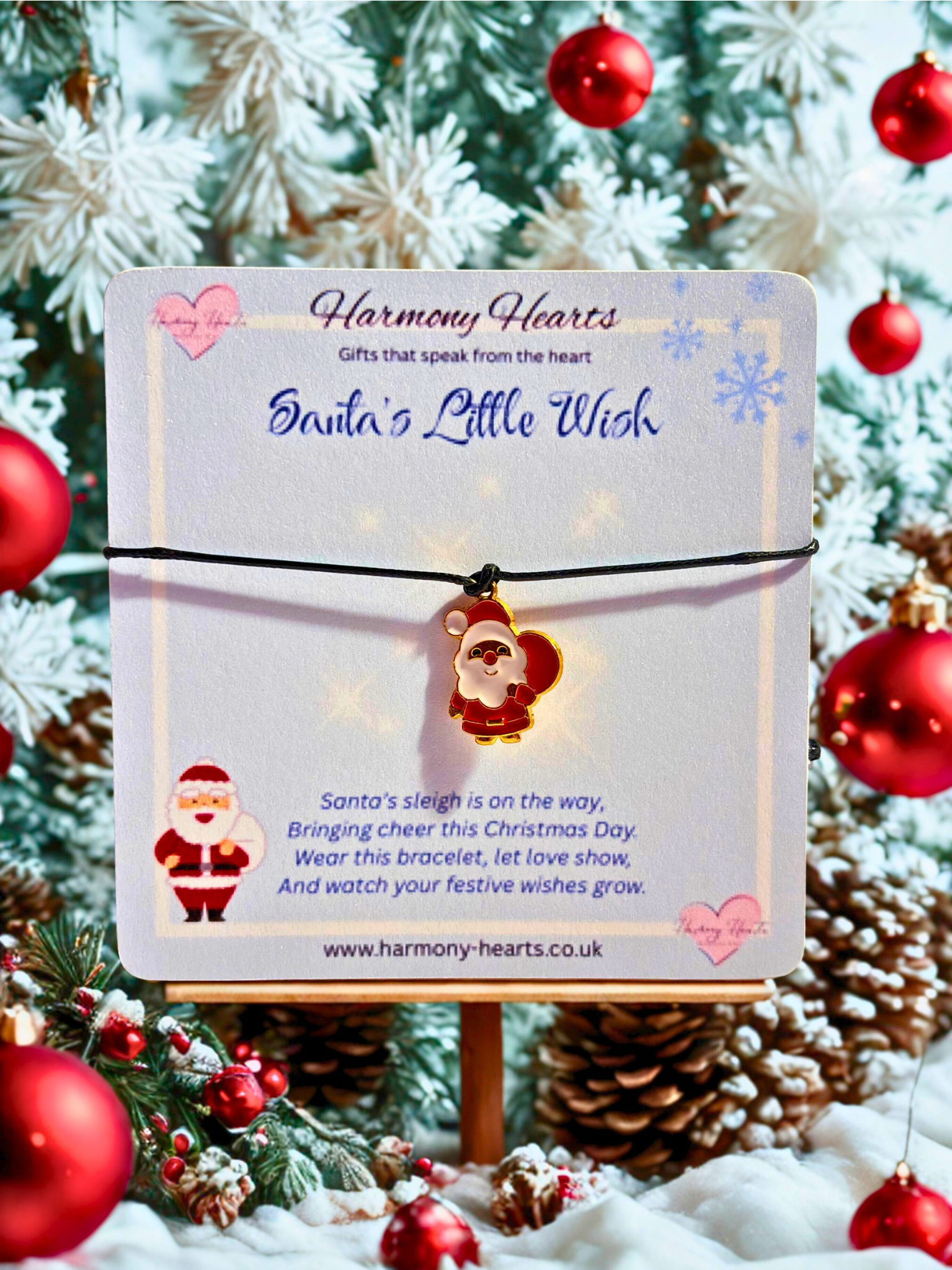 Bracelet packaging with Santa design on a Christmas-themed background