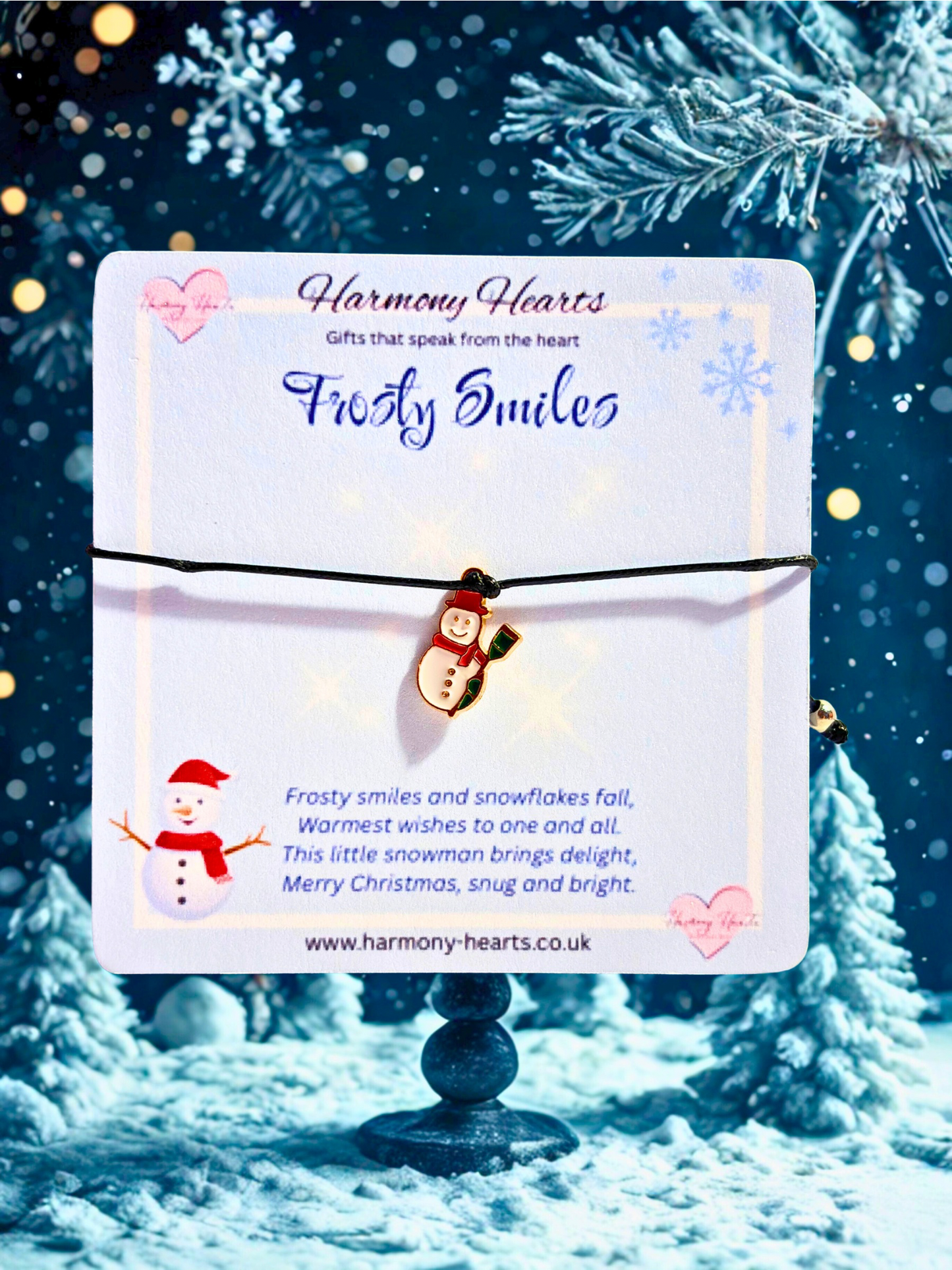 Packaged product with snowman design and 'Harmony Hearts' branding against a snowy background