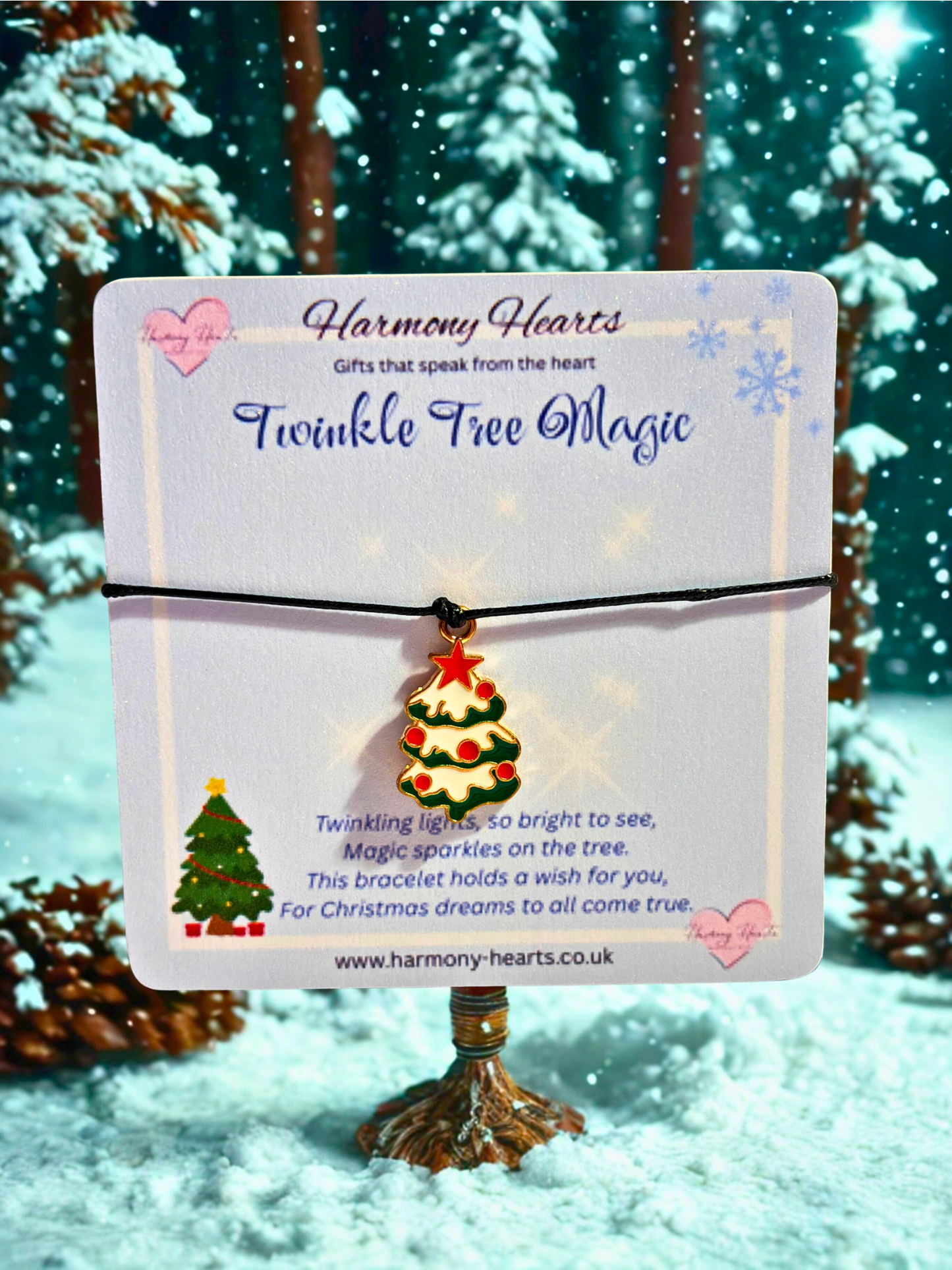 Christmas-themed bracelet packaging with a snowy forest background