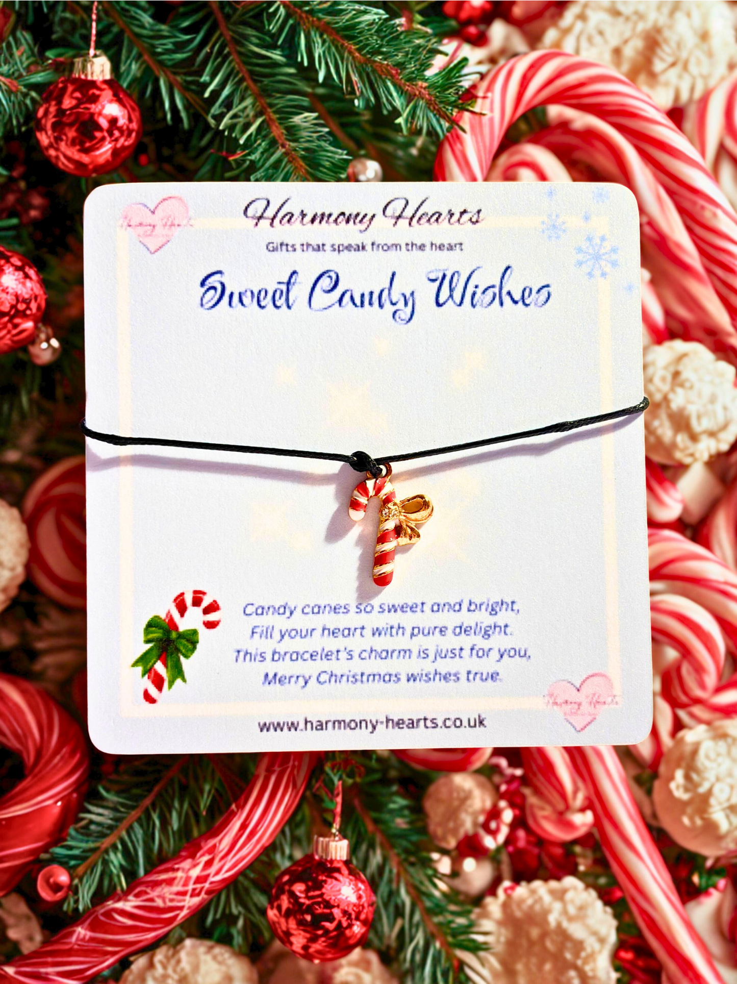 Bracelet with candy cane design on a card against a festive background