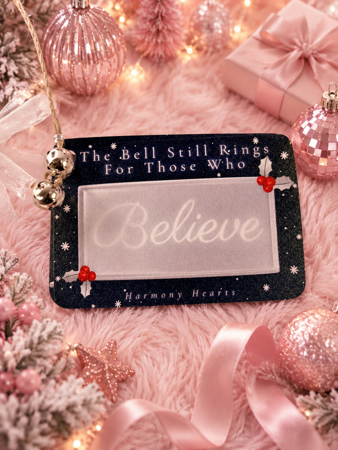 A rectangular Christmas ornament with a glittery dark navy border and a frosted center, reading 'The Bell Still Rings For Those Who Believe' and 'Harmony Hearts.' It is styled on a pink faux-fur surface with pink ornaments, string lights, a gift box, and ribbons.