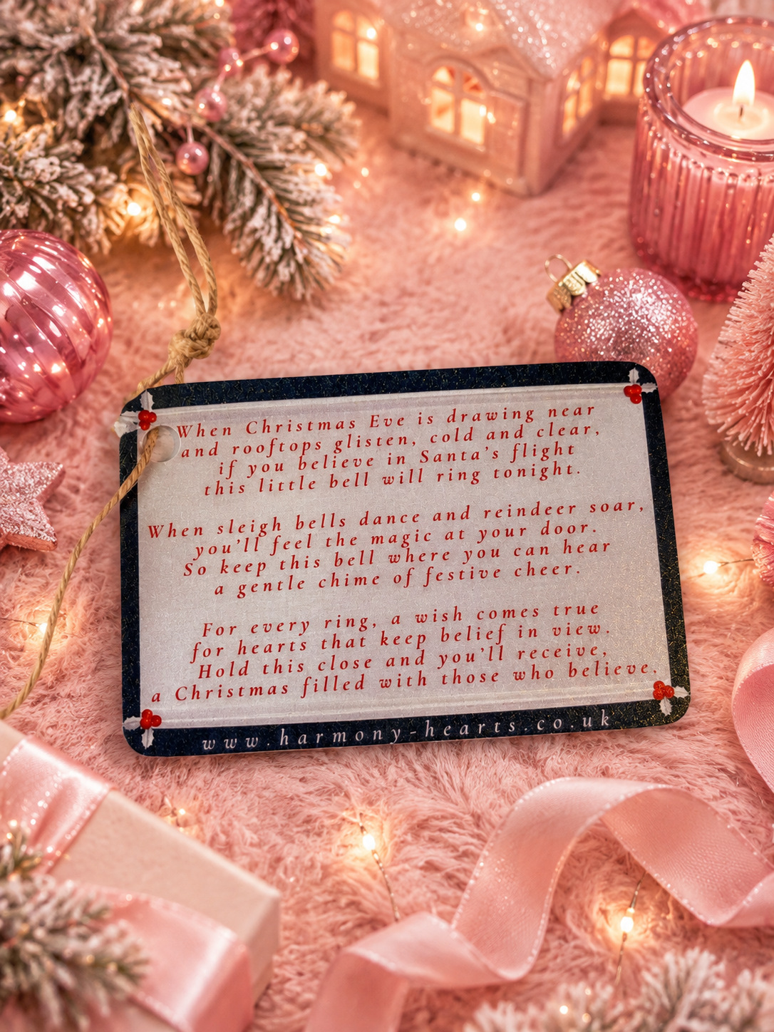A rectangular Christmas-themed card with red text on a black background, surrounded by pink holiday decorations, a lit candle, and warm lights.