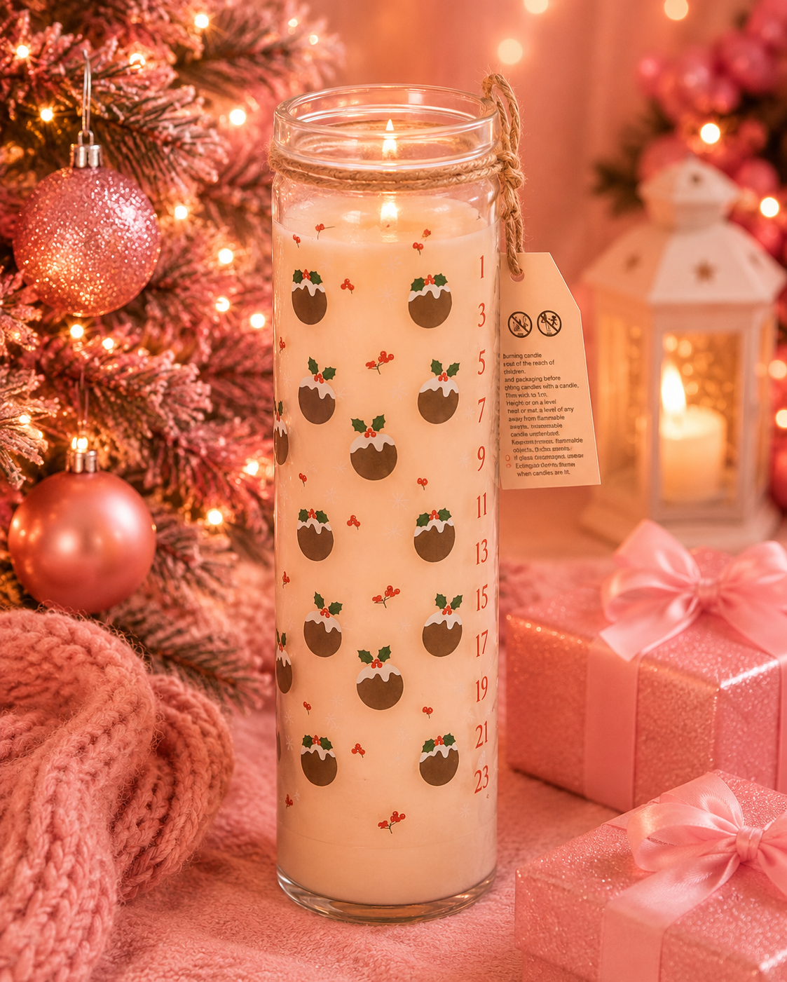 A tall glass jar candle with a wick and a hanging tag, decorated with a repeating pudding print, set on a pink surface next to a Christmas tree, gift boxes, and a lantern.