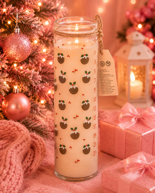 A tall glass jar candle with a wick and a hanging tag, decorated with a repeating pudding print, set on a pink surface next to a Christmas tree, gift boxes, and a lantern.