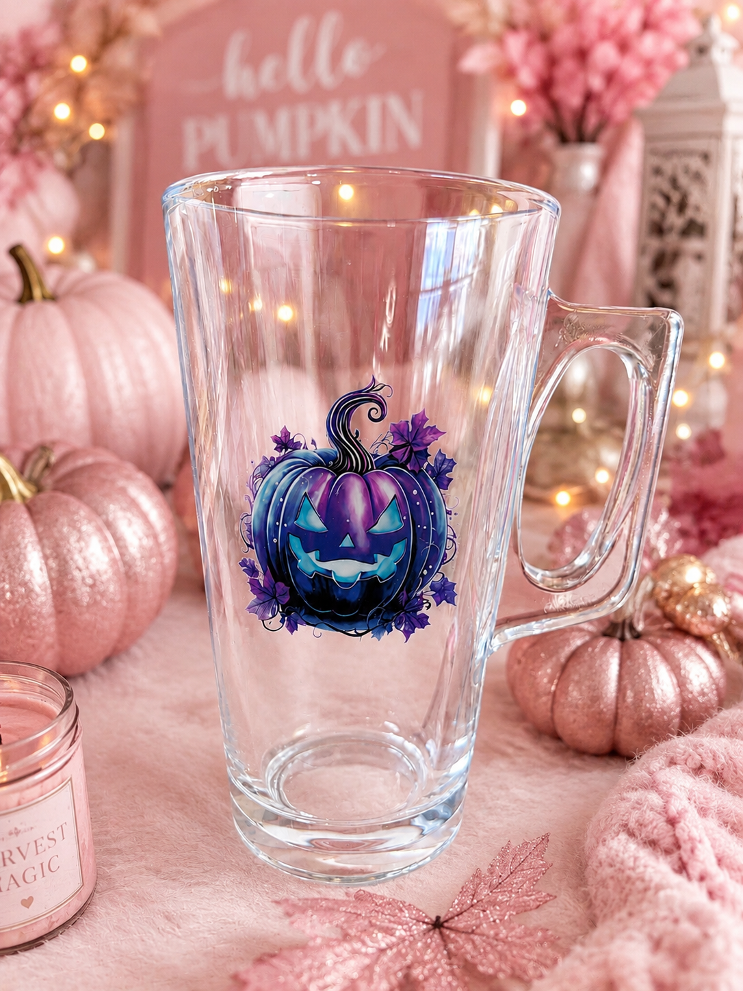 Clear latte glass featuring a purple pumpkin