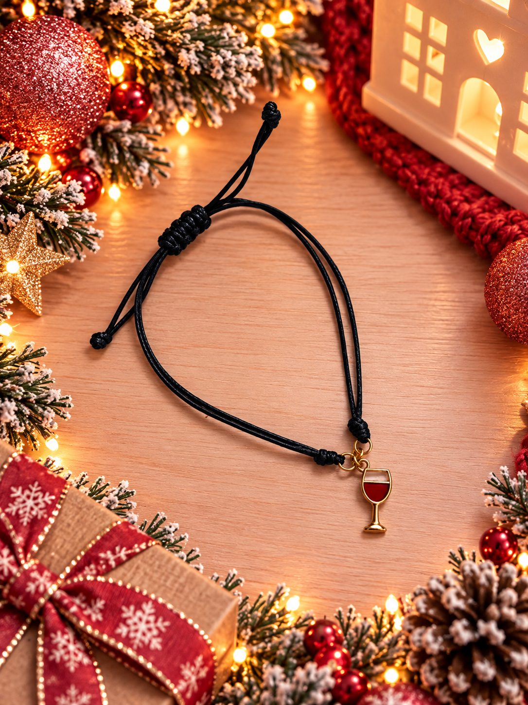 A black adjustable cord bracelet with a small gold wine glass charm filled with red, styled on a wooden surface with festive Christmas decorations including lights, ornaments, pine branches, and a gift box.